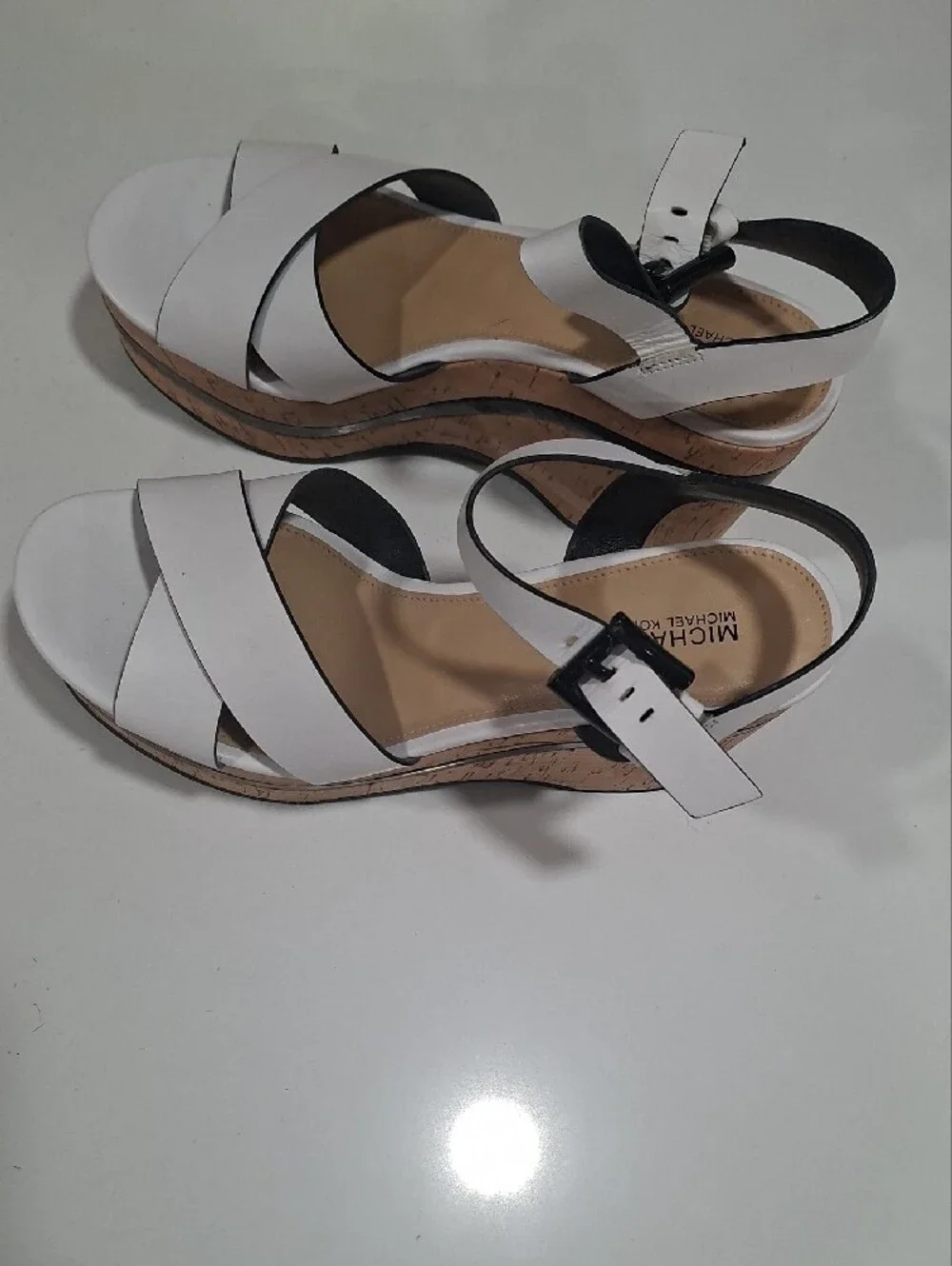 Michael Kors White and Black Leather Cross-Strap Wedge  Sandal - Women's